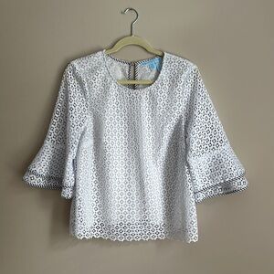 DRAPER JAMES 12 Lattice Double Bell Blouse Top in White w/ Blue Striped Piping